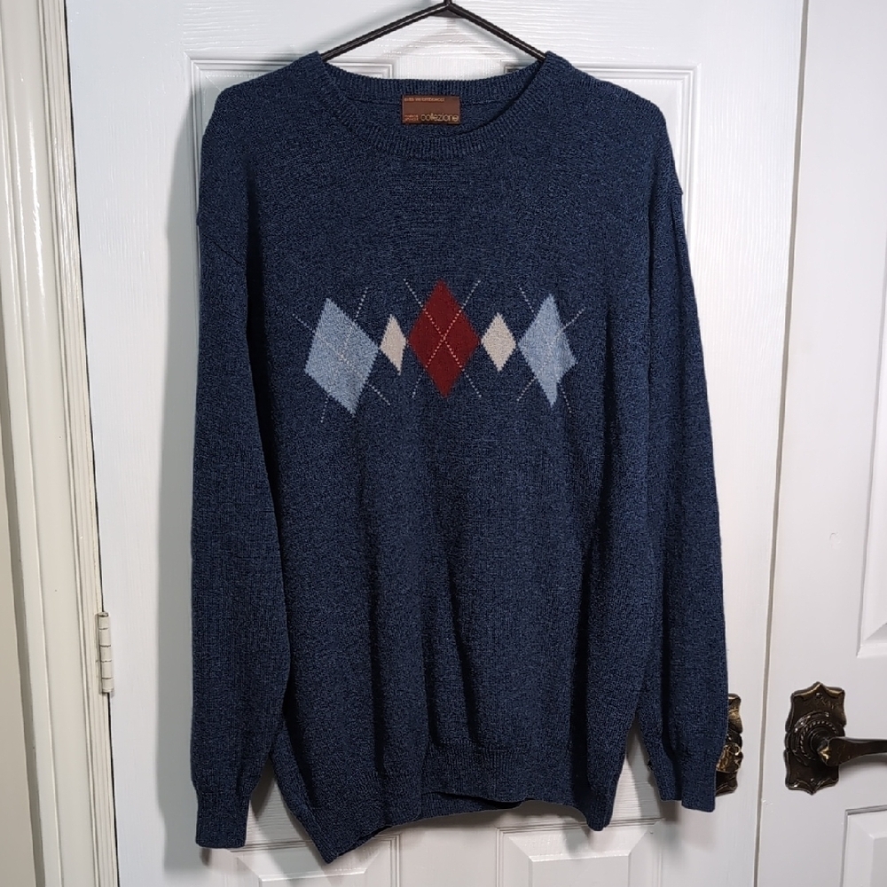 Woolmark Lambswool Blue Argyle Sweater Men's Large